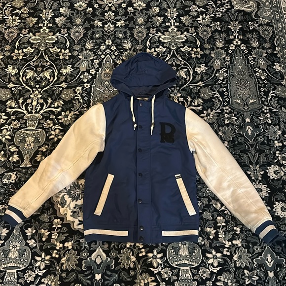 Dravus Blue White Varsity Style Bomber Jacket w/ Hood